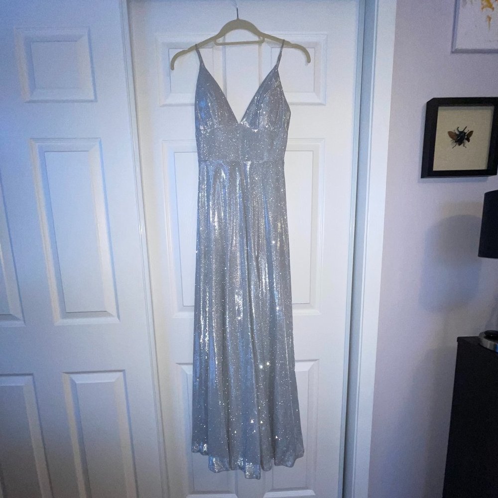 Glittery Silver Gown with High Leg Slit